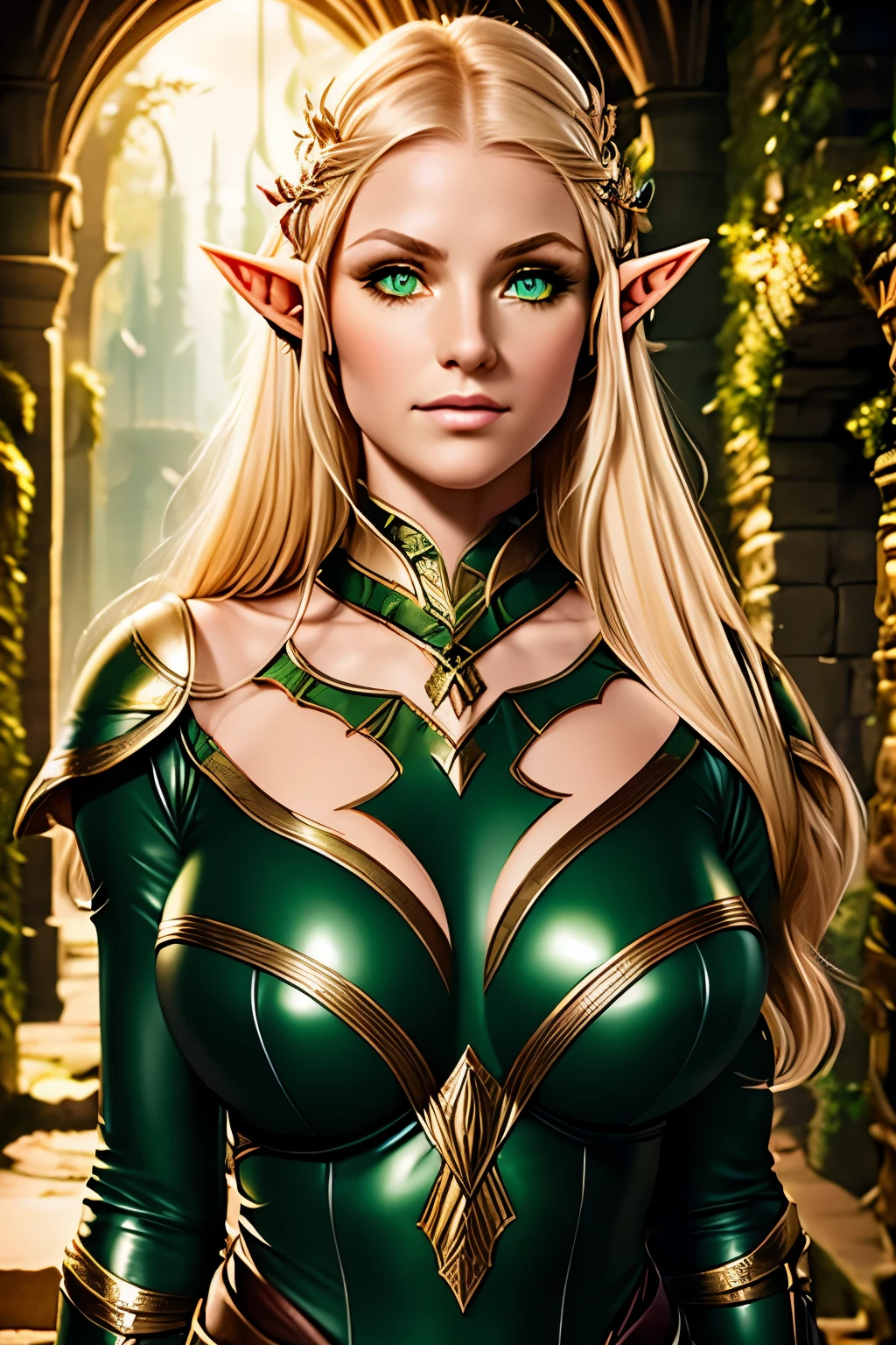 medieval setting, full view of body, (detailed elf ear, 1 woman, elven featured face, beautiful green eyes, blonde hair), leather armor, black leather pants, 