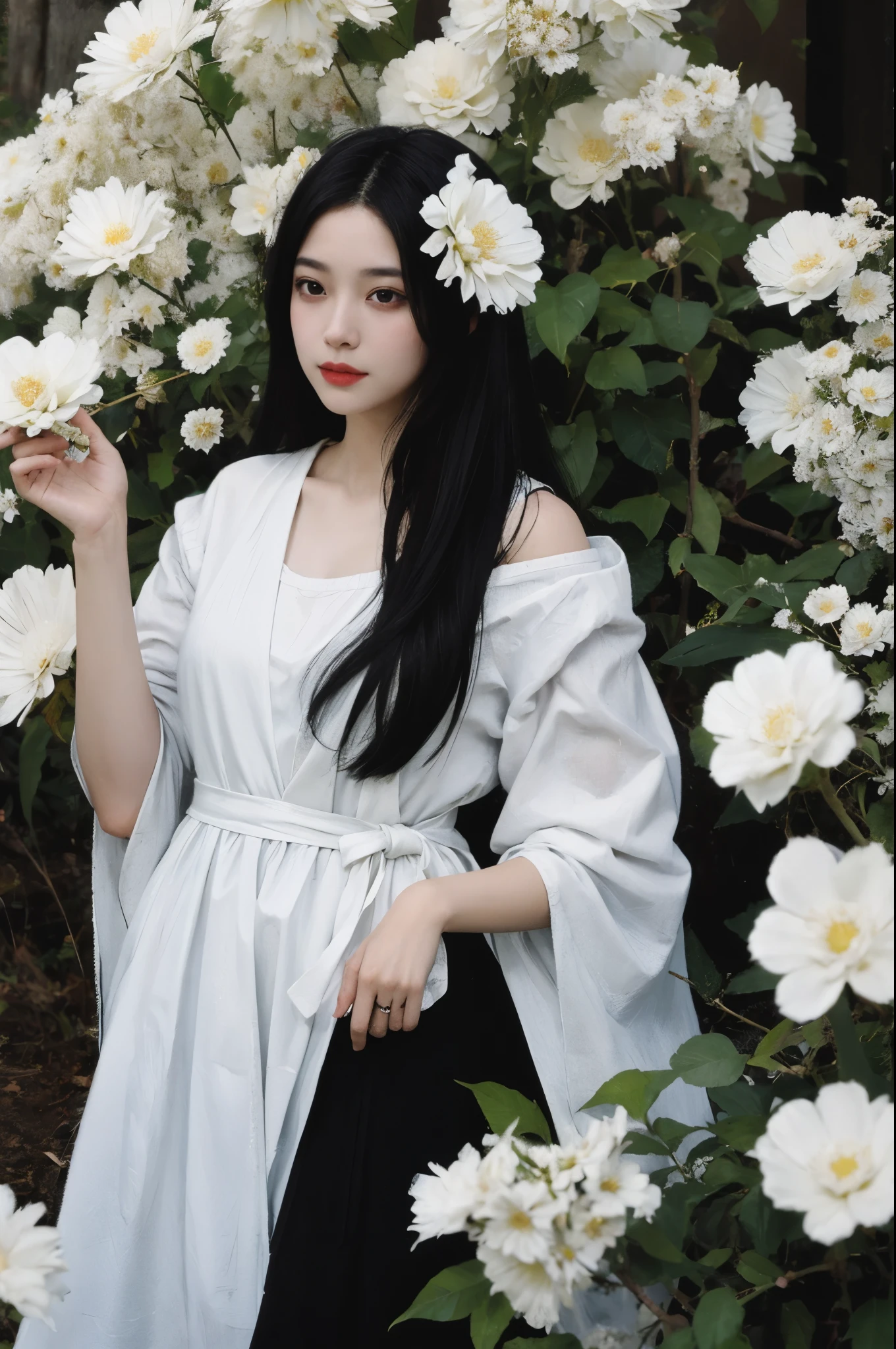 (painting:1.5), \\ One with black hair、Woman with white flowers in her hair lies in a field of white flowers, (Amy Saul:0.248), (Liu Stanley:0.106), (a detailed painting:0.353), (gothic art:0.106)