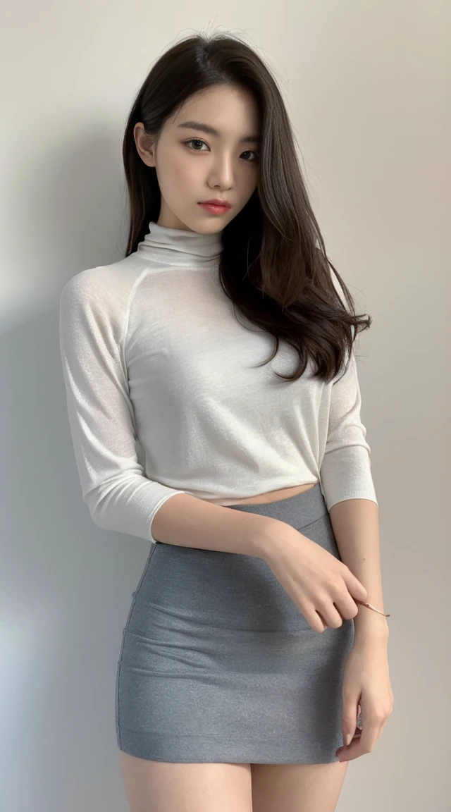 She is wearing a top and a gray skirt.,turtleneck,Be braless 、not wearing anything under clothes ,not wearing underwear,A woman with the same face as last time(misaki),4K、1people's women、slender、 Loose wavy styling 、seductive and attractive、full body shot,Including face and skin texture,detailed eyes、a seductive look