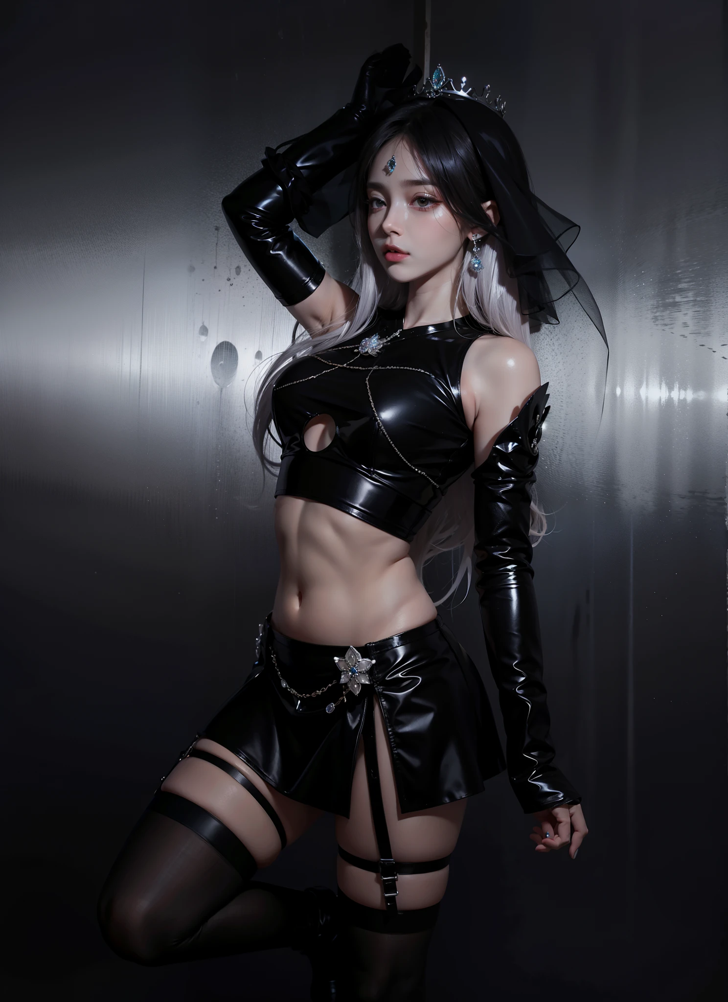 Maiden, bare skin maiden, surrounded by sticky black liquid, tentacles reaching into clothes, lying face up, hands separated by chains, struggle, pain, insertion, black stockings, black bra, silver-white hair, using ice magic, magic suit, black eyes, black ice wings