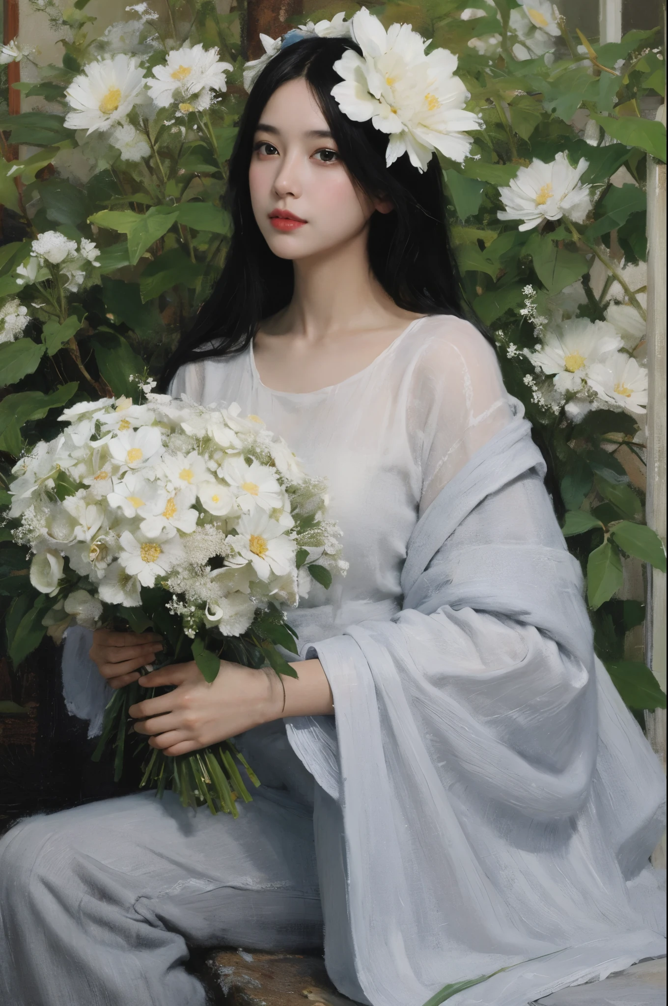 (painting:1.5), \\ One with black hair、Woman with white flowers in her hair lies in a field of white flowers, (Amy Saul:0.248), (Liu Stanley:0.106), (a detailed painting:0.353), (gothic art:0.106)