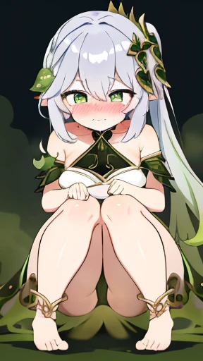 masterpiece、best quality、Exquisite、High resolution、extremely delicate and beautiful、(gray hair)、close up shot、(green eyes)、(sweaty)、red face、cleavage、off shoulder attire,full body photo,perfect body,woman stinks、fart、shyness、blush、Gas comes out of the butt、strain your face