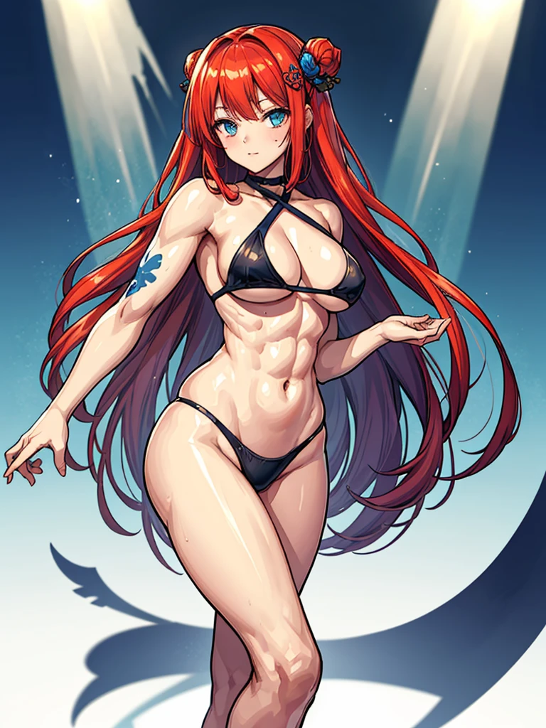 （（（masterpiece、Highest image quality、highest quality、highly detailed unity 8ｋwallpaper）））、（（Illustration of one girl））、（（（beautiful girl）））、（（red hair、Braid、sidelocks：1.2、blue eyes））、（（（stocky build：1.2, thickset physique：1.3, muscular legs, broad shoulders：1.3, solid chest：1.2）））、swimsuit、sandy beach