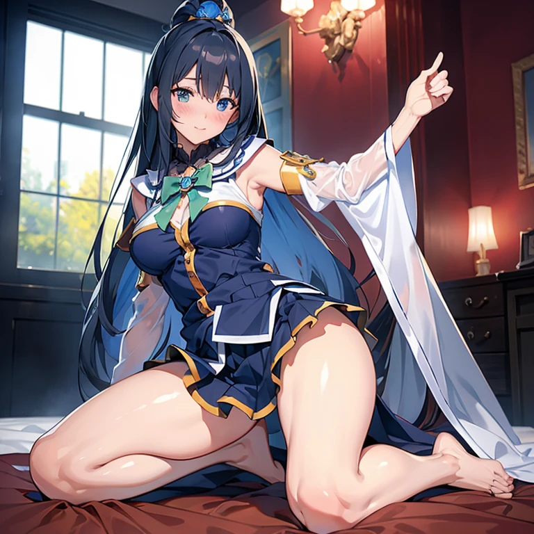 Enrich the picture,Masterpiece level quality)Beautiful 8K CG artwork,Goddess-like posture,Kneeling exercise,Slim and soft,Translucent skin,black hair、The aesthetic look of extra-long hair and bob hair,The skin is fair and juicy,Big JK Uniform,Perspective Part 1.2x enhanced silhouette effect,Exquisite transparent blues pattern in pajamas,The details are intricate and exquisite,The background is slightly blurred,Charming and lustful leg seduction,Extra-large big breasts,Blush,