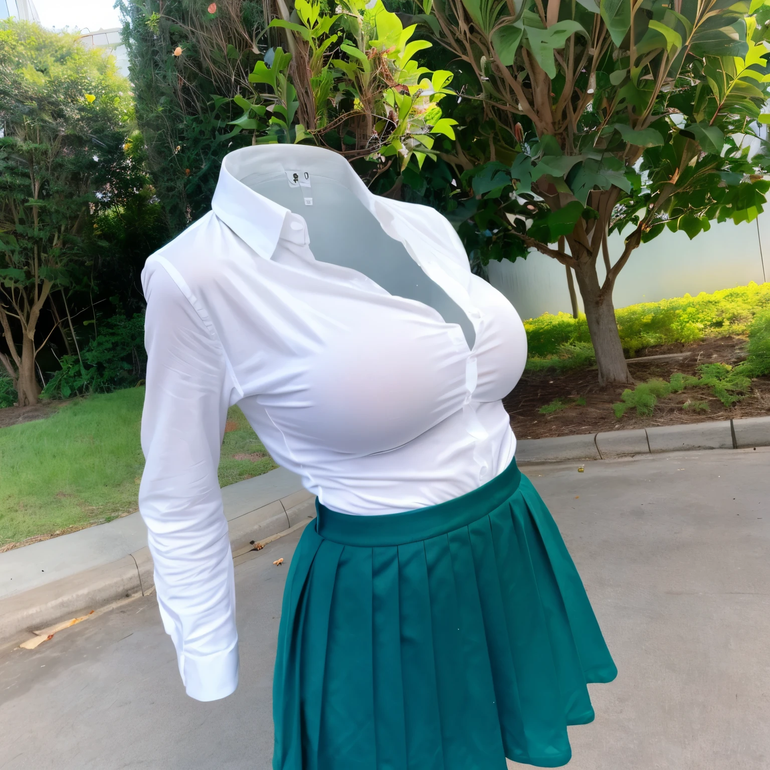 (school uniform), park, cute pose, (invisible, no humans, headless, faceless:1.5), (close-up to breasts), cute big breasts