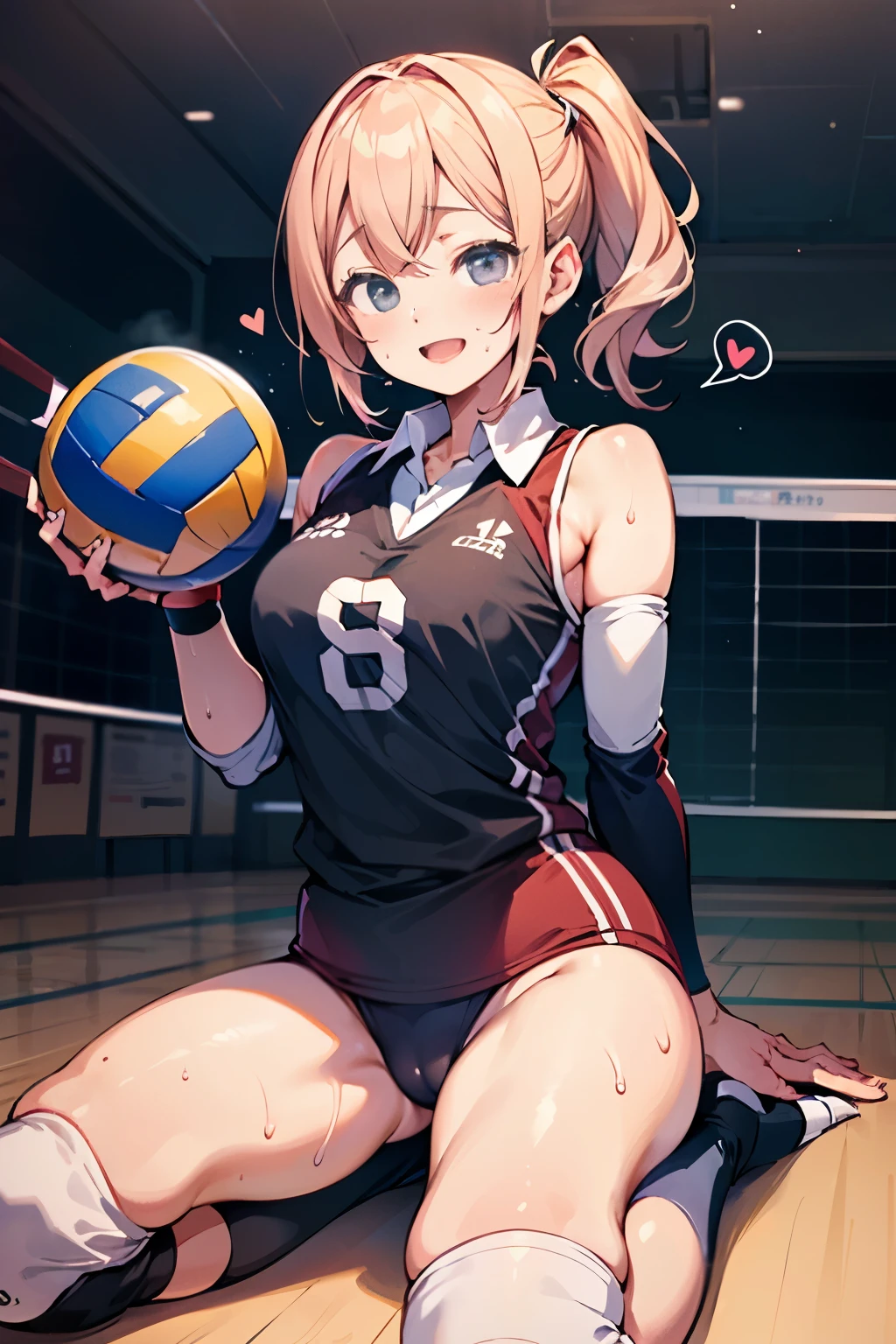 unity 8k wallpaper, anatomically correct, (((masterpiece))), (((best quality))), (((ultra detailed))), (((high-resolution))), ((super fine illustration)), ((Ultimate cutie)), perfect hands, perfect finger, (((good anatomy))), detailed beautiful face, shiny hair, (((gyaru))), (potbelly), (curvy), medium breasts, ((Thick thighs)), (((solo))), ((seductive smile)), (((blush))), (half open mouth),
BREAK, (((sit astride the perfectly spherical shape 6-inch volleyball))), (((Straddling a perfectly spherical 6" volleyball))), (((Perfectly spherical 6" volleyball fits perfectly crotch))), BREAK, (((Rub the Perfectly spherical 6" volleyball against crotch))),
BREAK, (Collared volleyball uniforms), sleeveless, ((buruma)), ((kneepad)), pussy juice stained, (elbow pad), (((sweat))), (((covered in sweat))), ((deep breathing)), in Volleyball Court, indoor, lighting, looking at viewer, full body, (spoken heart)