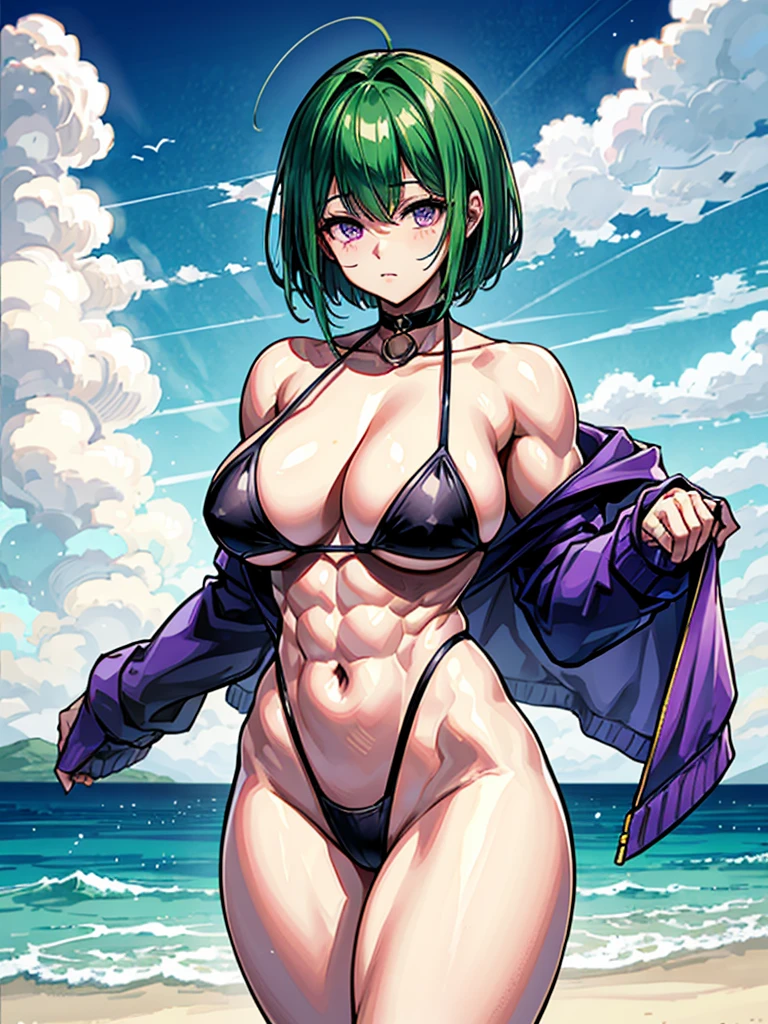 (((masterpiece、Highest image quality、highest quality、highly detailed unity 8kwallpaper)))、((Illustration of one girl))、(((beautiful girl)))、((green hair、pixie cut:1.3、sidelocks、purple eyes))、(stocky build, thickset physique, muscular legs, broad shoulders:1.2, solid chest:1.3)、swimsuit、sandy beach