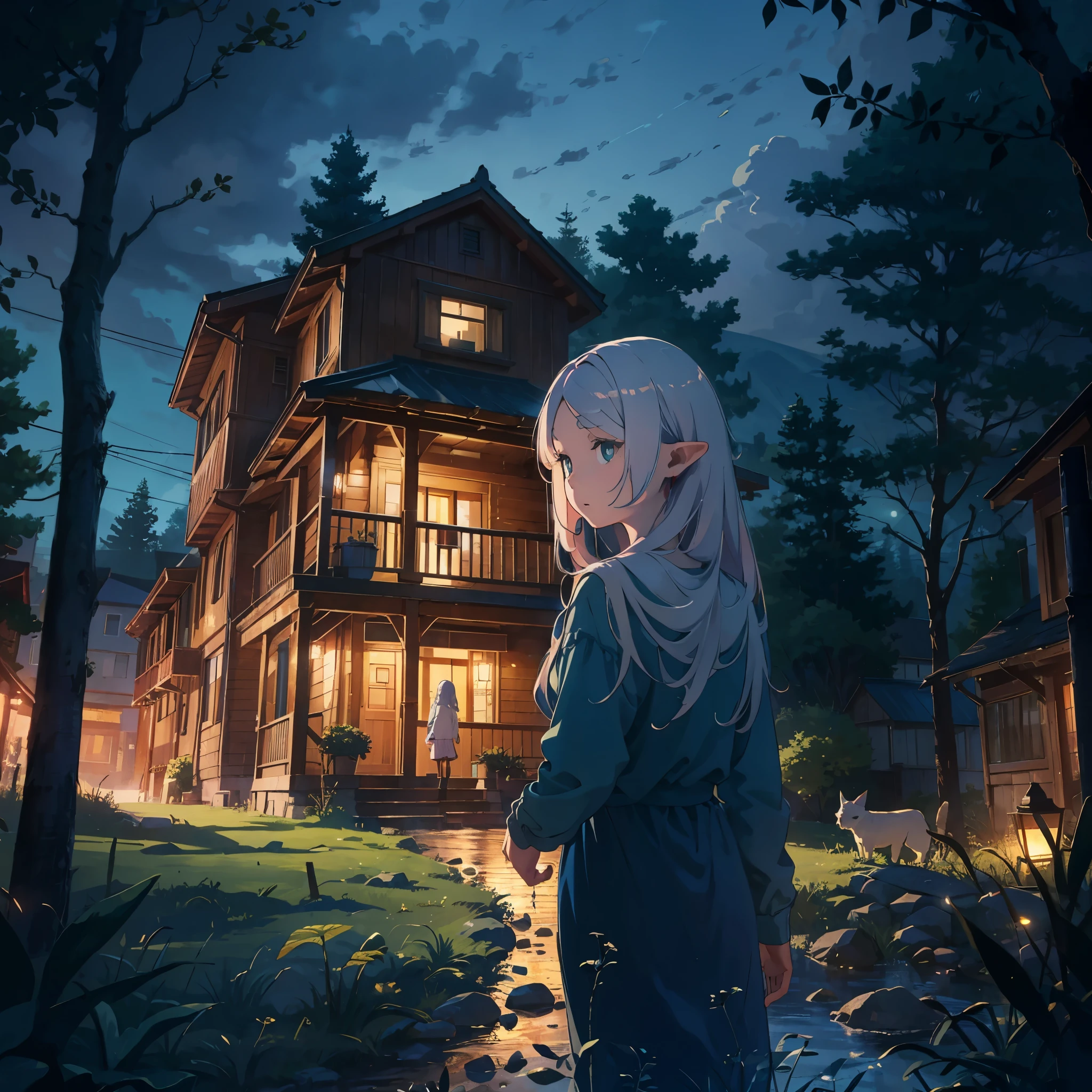 Cinema lighting, Ray tracing, ultra high definition, masterpiece, Super details, high detail, high quality, best quality, high resolution, 8k, A girl is walking on the way home，There is a double-story wooden house in the distance，There are trees around，There is grass on the ground，girl walking on dirt road，1 girl，blond，White skin，medium long hair，The girl's back，Girl looking at the house，Friedrich，evening，The lights are bright，magic，creek，