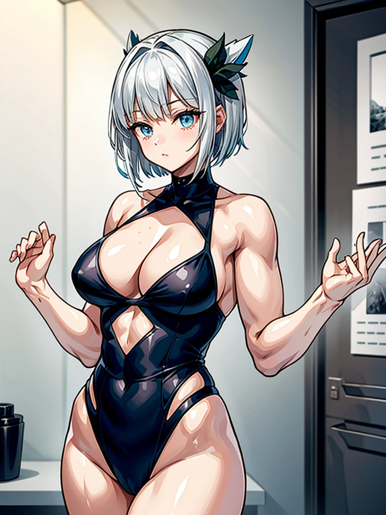 (((masterpiece、Highest image quality、highest quality、highly detailed unity 8kwallpaper)))、((Illustration of one girl))、(((beautiful girl)))、((white hair、short hair、crew cut:1.2、light blue eyes))、(((stocky build, thickset physique, muscular legs, broad shoulders, solid chest:1.3)))、swimsuit、sandy beach