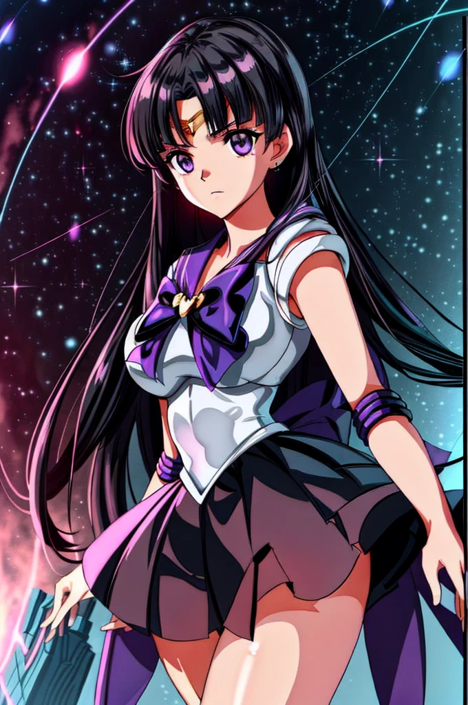 masterpiece, best quality, highres, mer1, long purple hair, purple hair, long hair, golden tiara, sailor senshi uniform, blue skirt, blue sailor collar, tiara, bow, knee boots, choker, white gloves, blue choker, elbow gloves, jewelry, earrings, pleated skirt, cowboy shot, hand on hip, city, golden hairpiece,