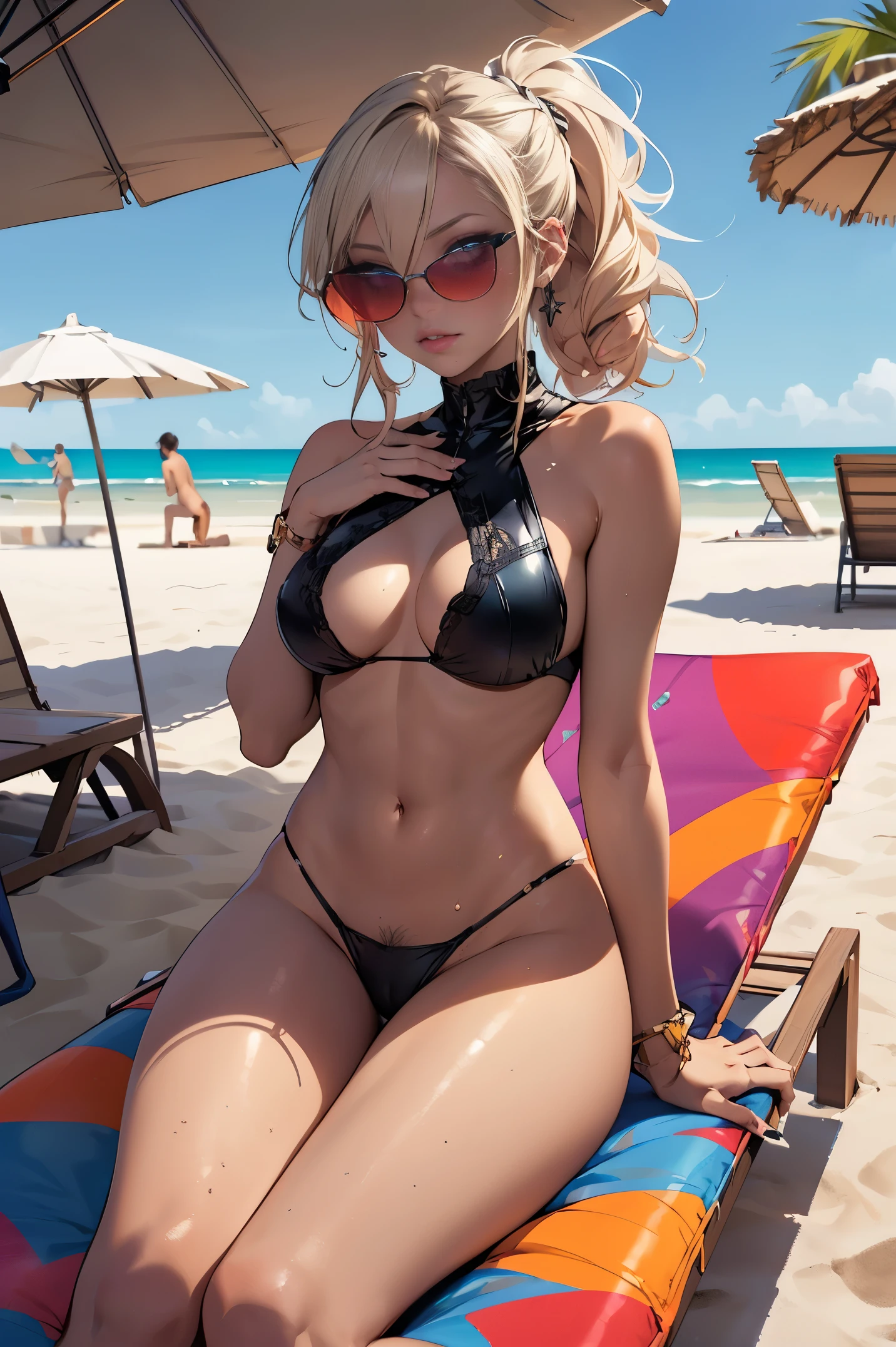 (masterpiece), best quality, over-detailed, illustration, 1girl, milf, mature, plum body, detailed lips, (gyaru), shenhe, blue eyes, braided ponytail, eyelashes, eyes visible through hair, eyeshadow, hair between eyes, red eyeshadow, curls, shenhernd, ((black sunglasses)), ((completely naked)),  pubic hairy, sitting in a sun lounger, masturbation, ((she caresses herself with her hand in the crotch area)), sun lounger, best shade, depth of field, windy beach, (tan lines:1.1), inflatable ball, colorful drawings, intricate design