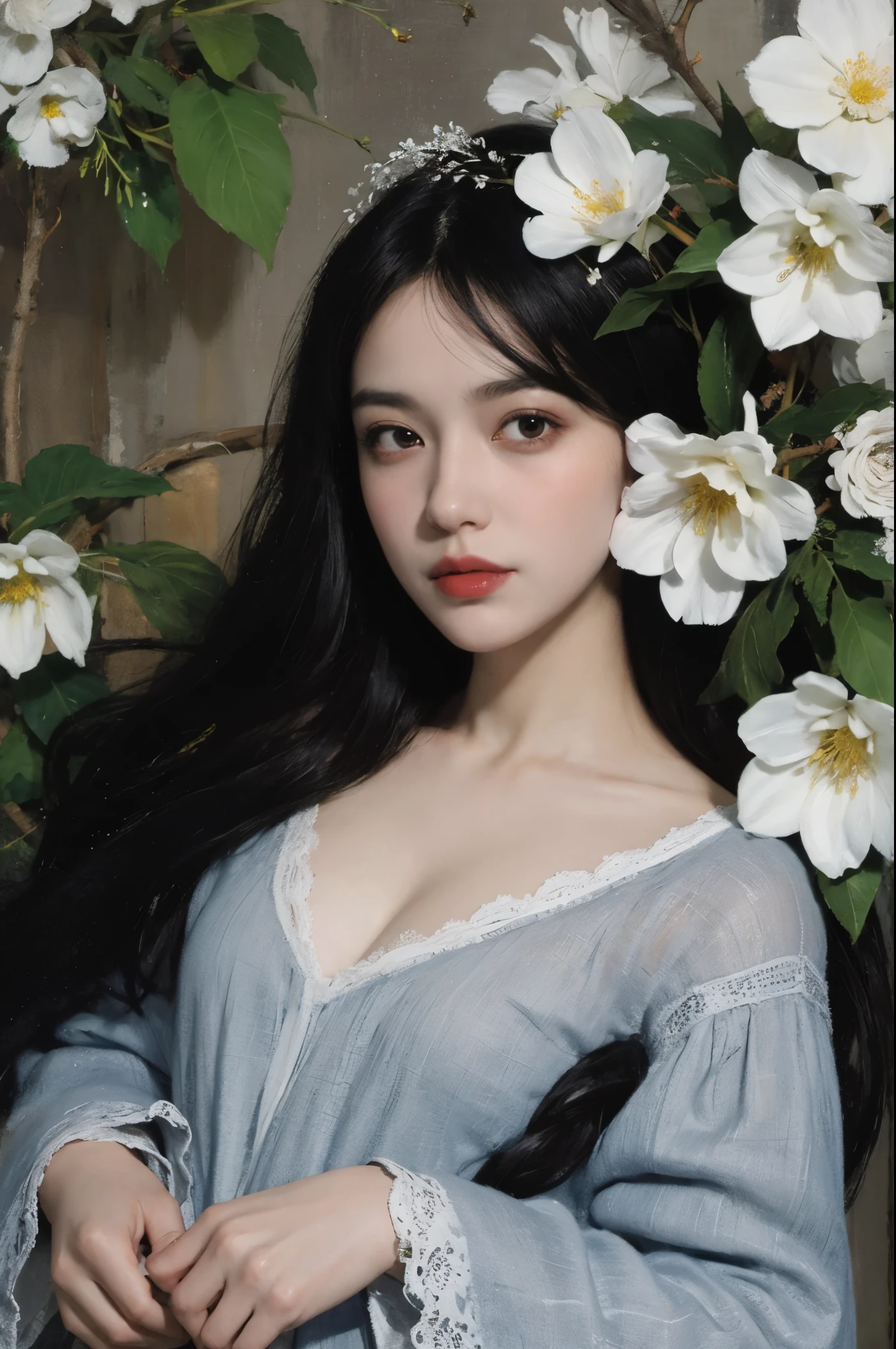 (painting:1.5), \\ One with black hair、Woman with white flowers in her hair lies in a field of white flowers, (Amy Saul:0.248), (Liu Stanley:0.106), (a detailed painting:0.353), (gothic art:0.106)