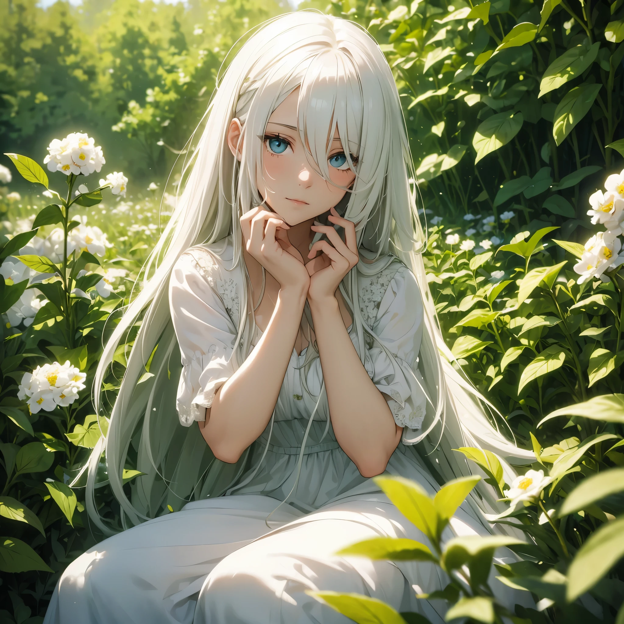 (masterpiece, best quality),1girl with long white hair sitting in a field of green plants and flowers, her hand under her chin, warm lighting, white dress, blurry foreground