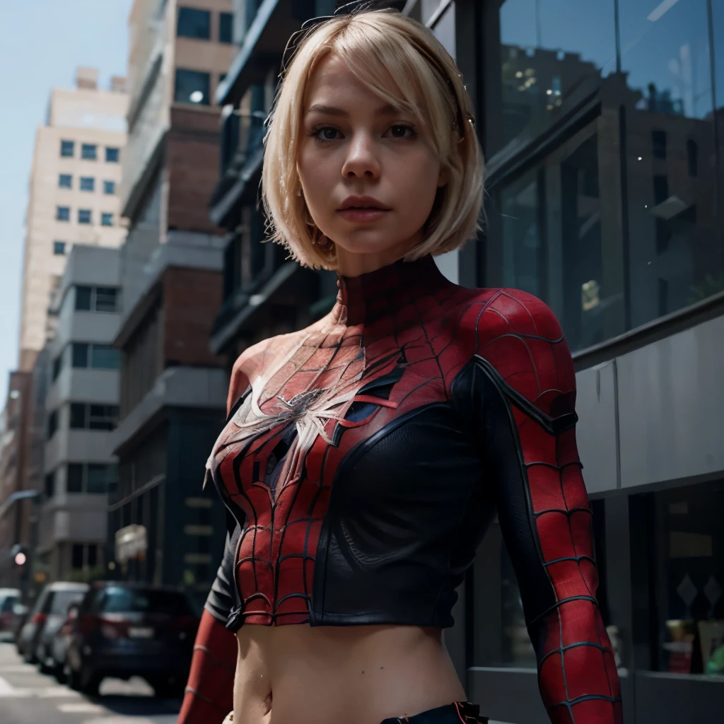 Spiderman Gwen stacy, 8k, cropped, full view, short outfit, belly