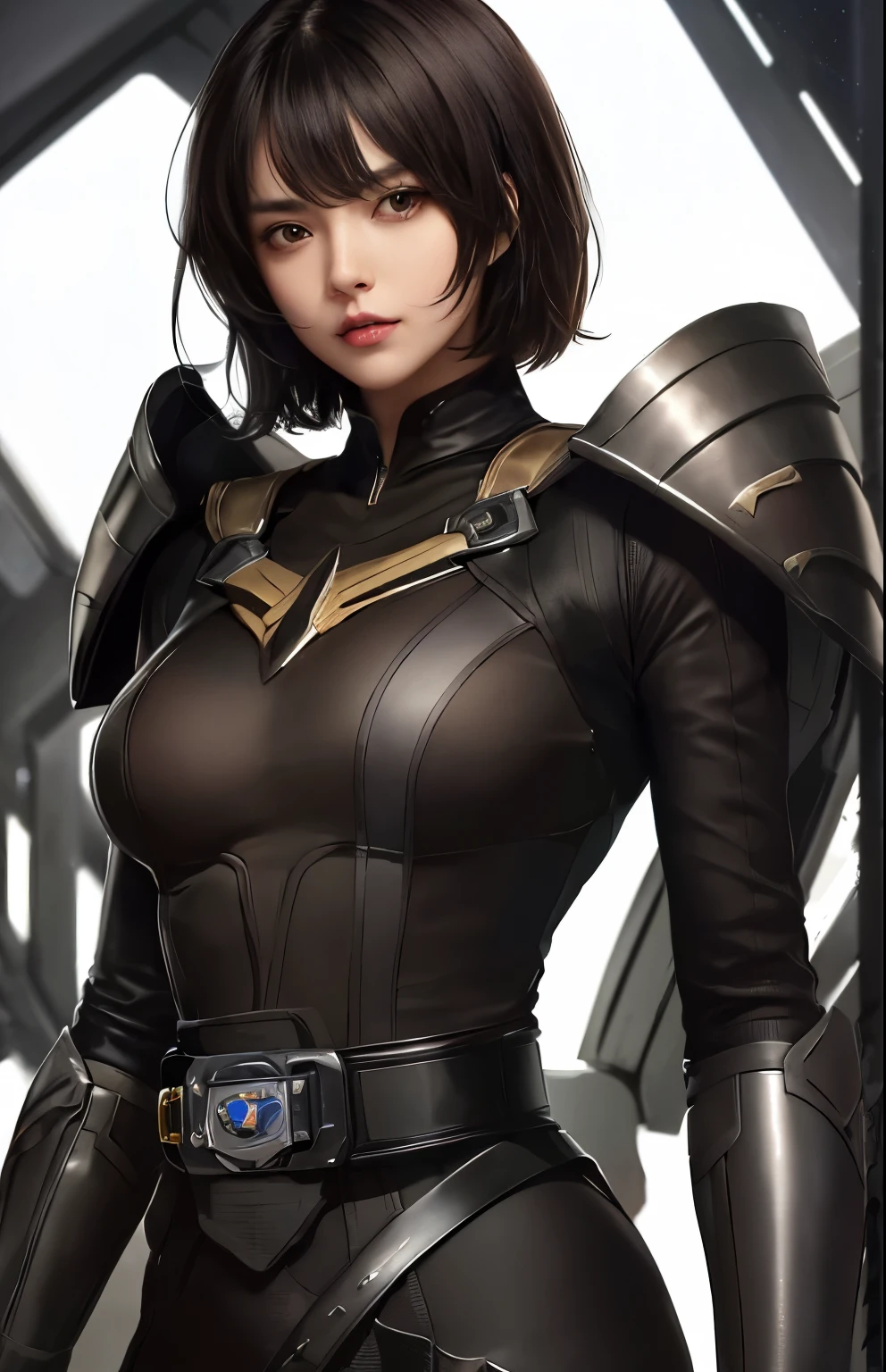 Upper body close-up image. A beautiful woman. Dark brown hair. Her bangs are cut vertically at her forehead. She wears a metallic black battle uniform. Attached to his waist is something reminiscent of Kamen Rider's transformation belt. She is standing in a spacious spaceship square. Beautiful double eyes. passed nose
