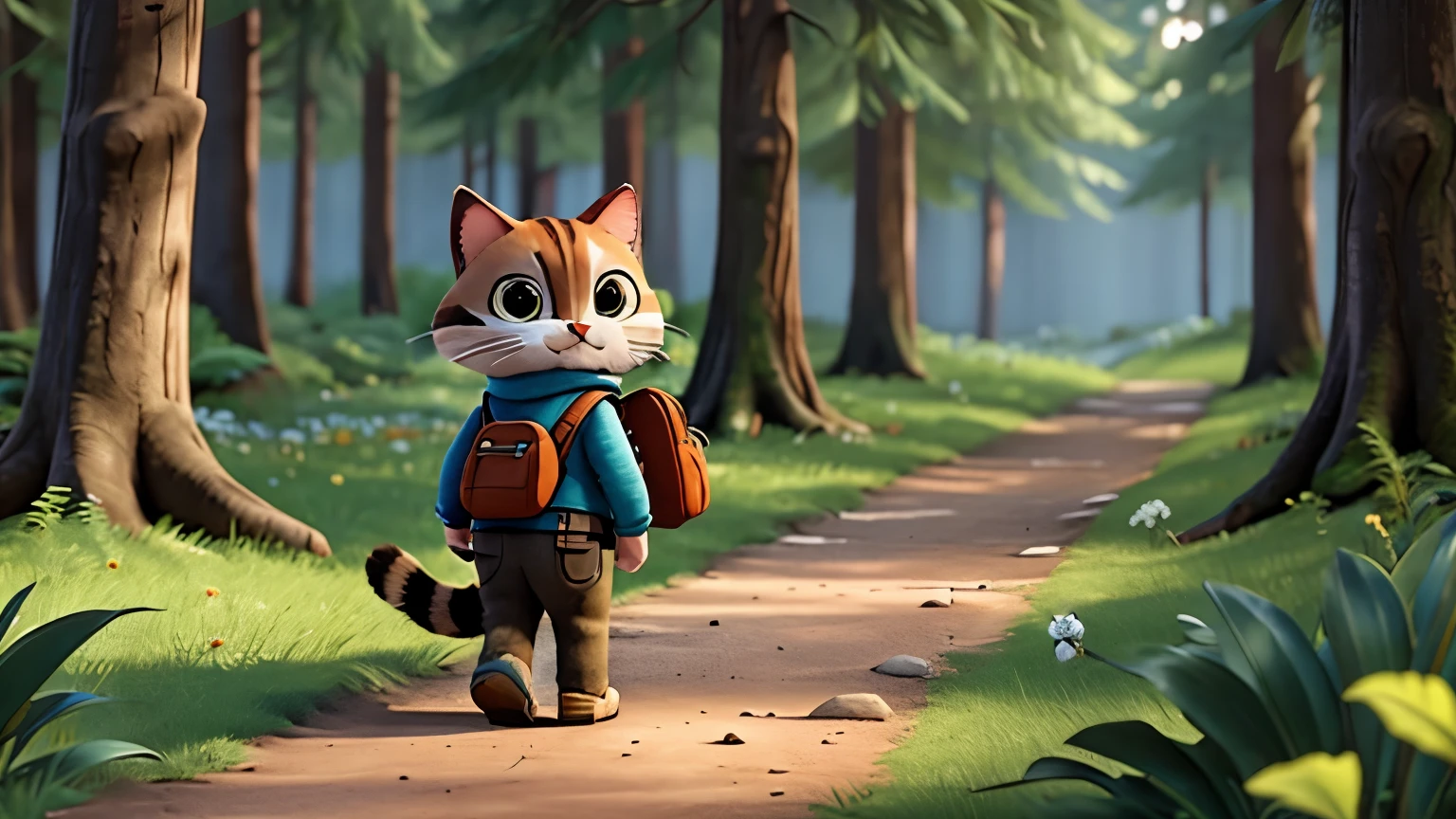 cat with backpack traversing the forest