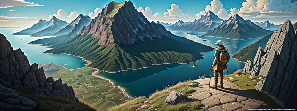 mountain, detailed colors, grass, hard hat, golden crown, detailed, vivid colors, photorealistic painting art by Midjourney and Greg Rutkowski, official art, (ocean:1.2), style-empire:0.5, intricate drawing, High Detail RAW color Photo, in the style of  (muscular legs:0.25), dramatic lighting