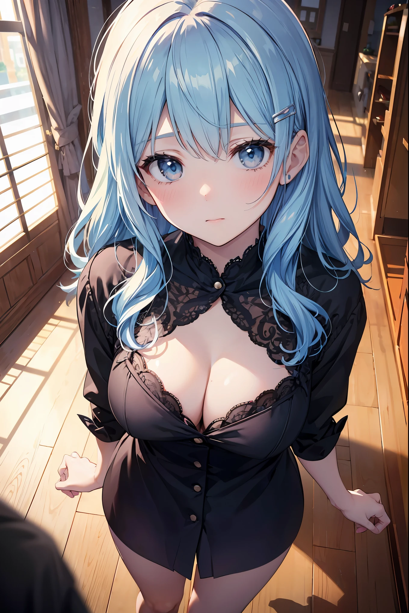 (a masterpiece, highest quality, absolute resolution, extremely realistic work, intricate and meticulously detailed realistic materials and textures and light sources, perfect anatomy),
BREAK
A walking in a kindergarten, small and cute, a cute face pleading with courage, a hair clip, a person looking up from above,
BREAK
. blush Light blue hair, long wavy hair, big breasts, cleavage,