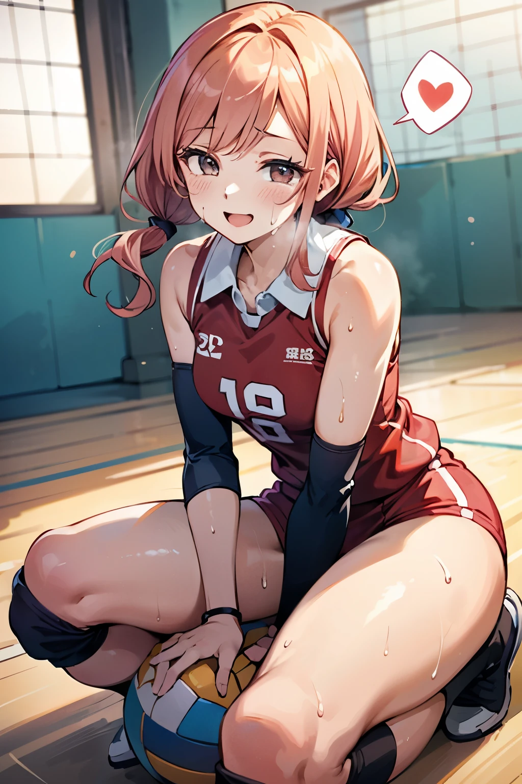 unity 8k wallpaper, anatomically correct, (((masterpiece))), (((best quality))), (((ultra detailed))), (((high-resolution))), ((super fine illustration)), ((Ultimate cutie)), perfect hands, perfect finger, (((good anatomy))), detailed beautiful face, shiny hair, (((gyaru))), (potbelly), (curvy), medium breasts, ((Thick thighs)), (((solo))), ((seductive smile)), (((blush))), (half open mouth), 
BREAK, (((sit astride the perfectly spherical shape 6-inch volleyball))), (((Straddling a perfectly spherical 6" volleyball))), (((Perfectly spherical 6" volleyball fits perfectly crotch))), BREAK, (((Rub the  Perfectly spherical 6" volleyball against crotch))), 
BREAK, (Collared volleyball uniforms), sleeveless, ((buruma)), ((kneepad)), pussy juice stained, (elbow pad), (((sweat))), (((covered in sweat))), ((deep breathing)), in Volleyball Court, indoor, lighting,  looking at viewer, full body, (spoken heart)