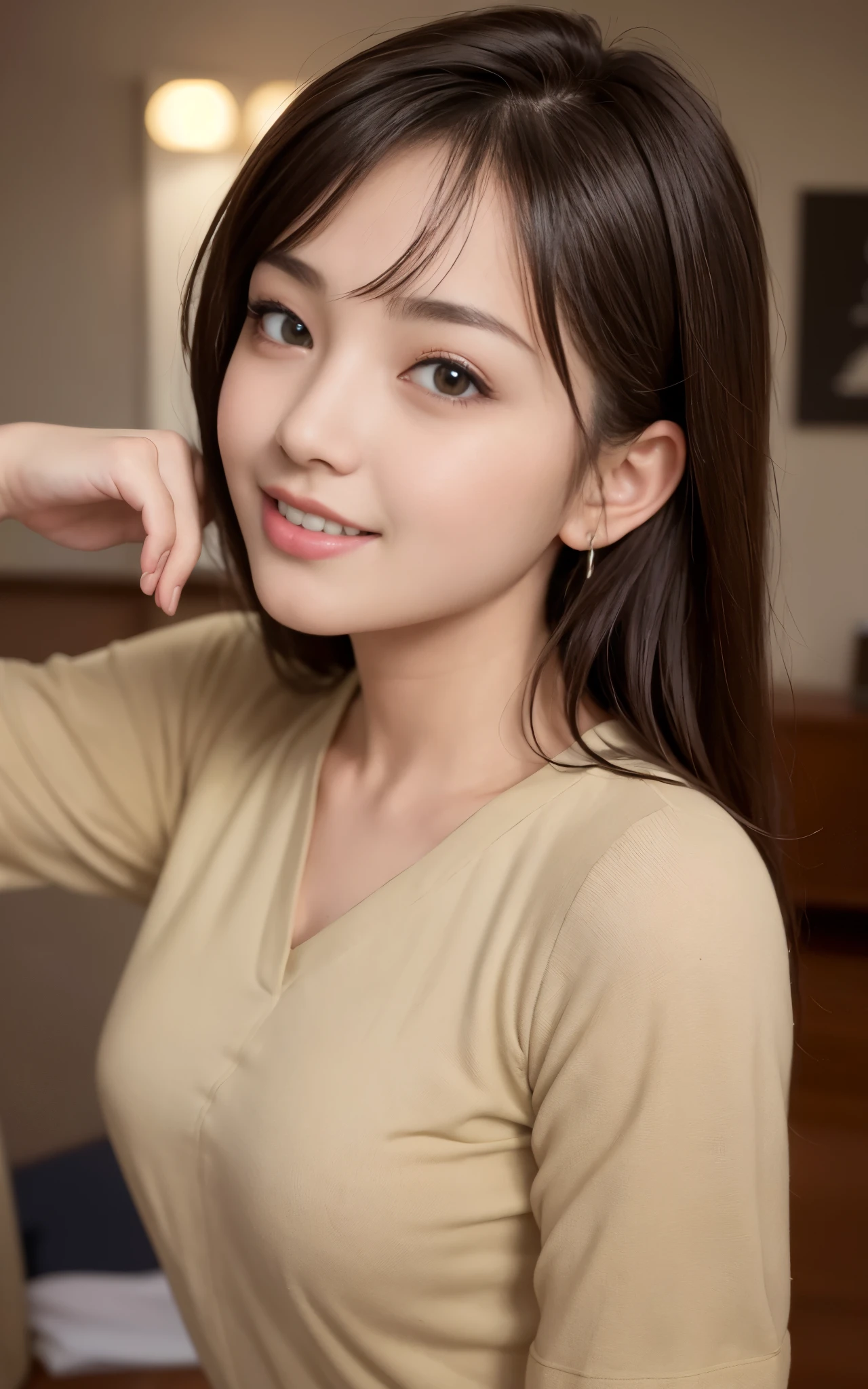 highest quality, figure, super detailed, finely, High resolution, 8k wallpaper, 完璧なダイナミックな構figure, beautiful skin, Big eyes that shine like jewels, (18 year old beautiful girl:1.6), natural color lip, random sexy poses, Chest middle, smile, Highly detailed face and skin texture, Detailed eyes, Double eyelid,leaking teeth and laughing, close-up, from side, black short hair, (khaki cutter shirt:1.2), 街中highest quality, figure, super detailed, finely, High resolution, 8k wallpaper, 完璧なダイナミックな構figure, beautiful skin, Big eyes that shine like jewels, (18 year old beautiful girl:1.6), natural color lip, random sexy poses, Chest middle, smile, Highly detailed face and skin texture, Detailed eyes, Double eyelid,leaking teeth and laughing, close-up, brown bob hair, (Beige shirt:1.1), night view
