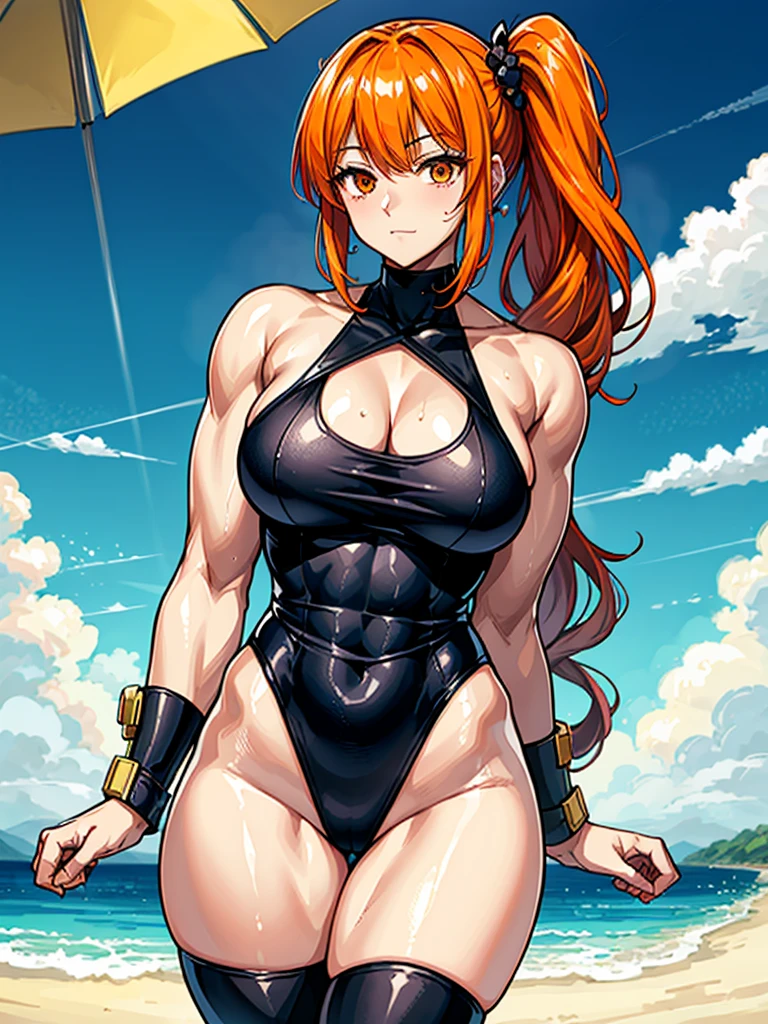 (((masterpiece、Highest image quality、highest quality、highly detailed unity 8kwallpaper)))、((Illustration of one girl))、(((beautiful girl)))、((orange hair、side ponytail、sidelocks:1.3、orange eyes))、(((stocky build:1.2, thickset physique:1.3, muscular legs, broad shoulders:1.3, solid chest:1.2)))、swimsuit、sandy beach