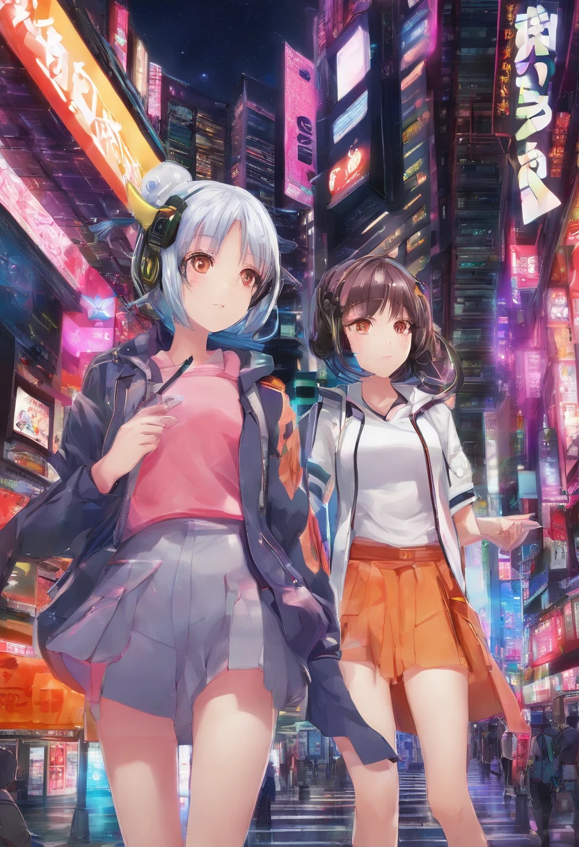 two real high school girls，stars are personified，Transparent Machine，cyber punk, dream-like shine, Glowing neon lights, ( global illumination, ray tracing, HDR, unreal rendering,reasonable design, Advanced level of detail, masterpiece, highest quality, hyper hd, cinematic lighting), mecha musume
