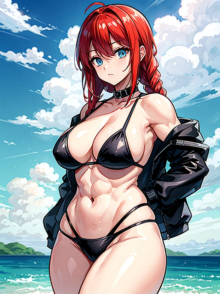 (((masterpiece、Highest image quality、highest quality、highly detailed unity 8kwallpaper)))、((Illustration of one girl))、(((beautiful girl)))、((red hair、Braid、sidelocks:1.2、blue eyes))、(((stocky build:1.2, thickset physique:1.3, muscular legs, broad shoulders:1.3, solid chest:1.2)))、swimsuit、sandy beach