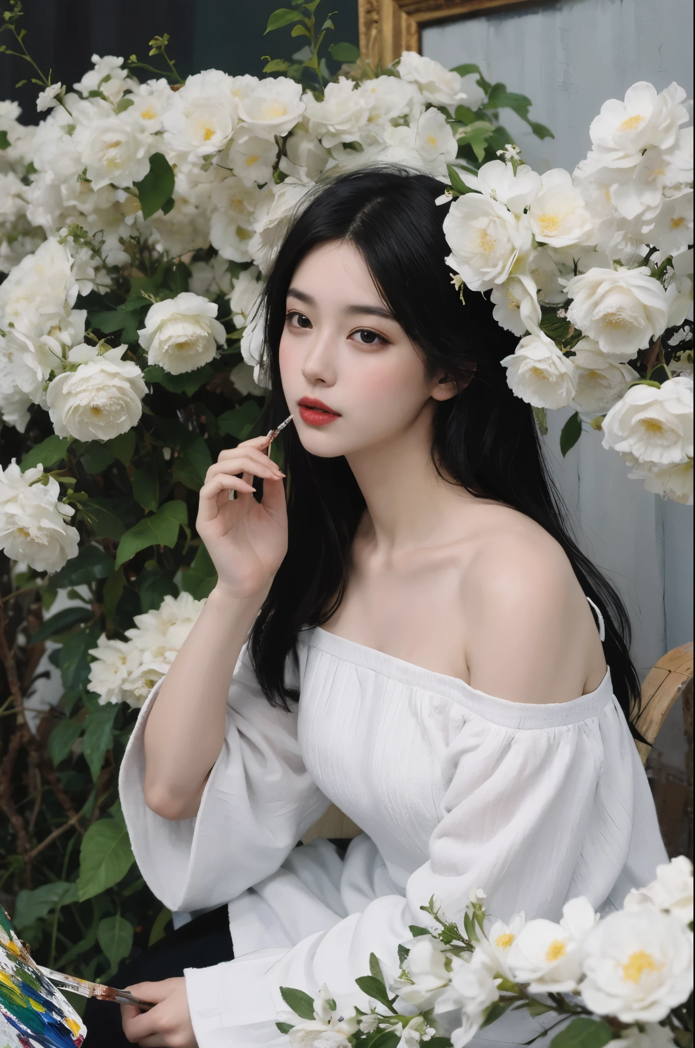 (painting:1.5), \\ One with black hair、Woman with white flowers in her hair lies in a field of white flowers, (Amy Saul:0.248), (Liu Stanley:0.106), (a detailed painting:0.353), (gothic art:0.106)