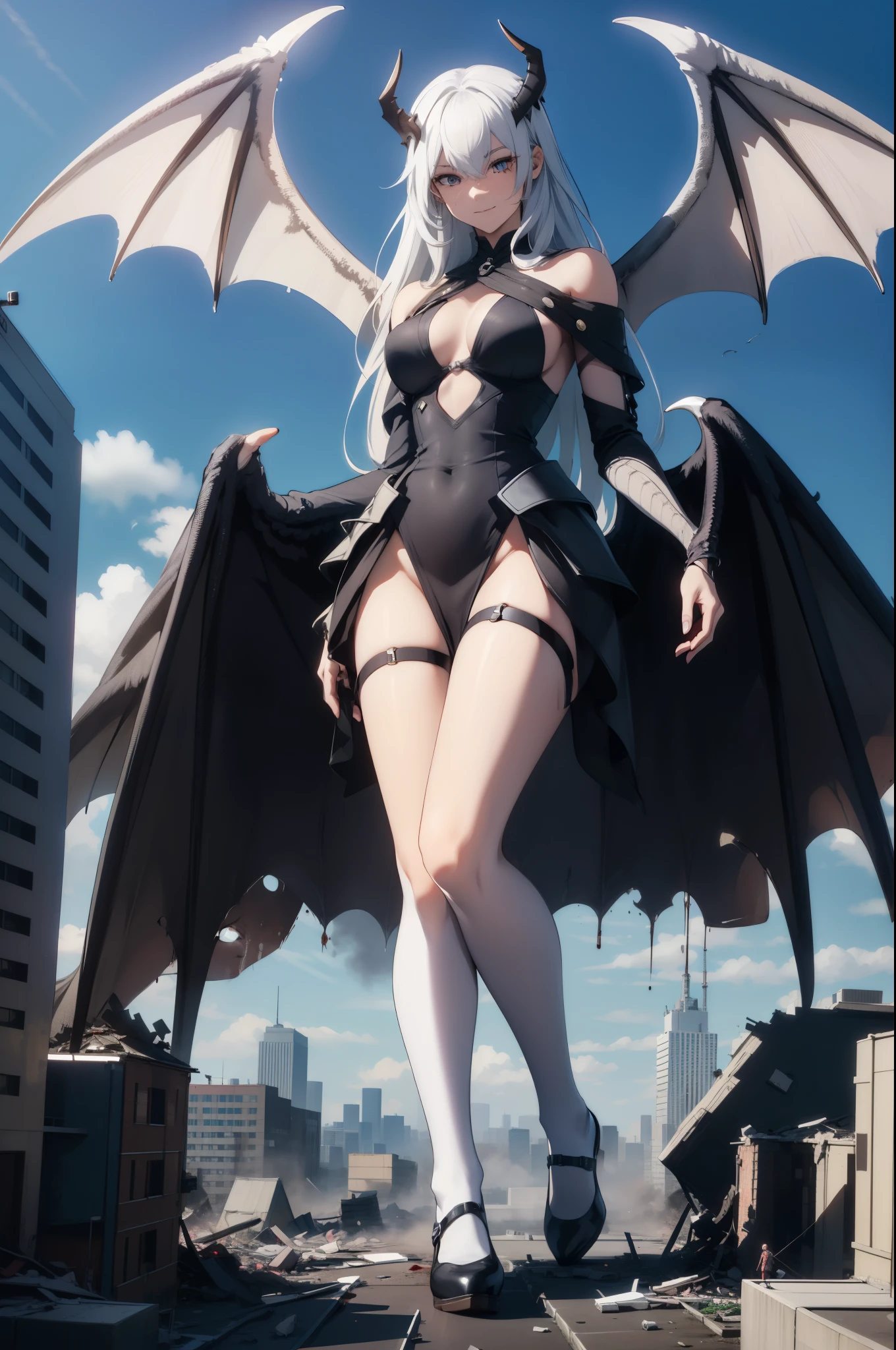 Aerial View，Giant girl 50,000 feet tall，Have a pair of long legs，Possessing a pair of huge demon wings，Has white waist-length hair，Loose hair，Wearing a pair of Mary Jane shoes，white curly hair，A look of enjoyment，Standing tall on a destroyed city，Beautiful appearance，Exquisite makeup，quality，8k，high quality，(governor:1.5)，perfect proportions, Cinema lighting，film grain，Fuji colors，8k，textured skin，Super details，high detail，high quality，high resolution，explode，fake smile，black stockings，blood stains，脚底有blood stains