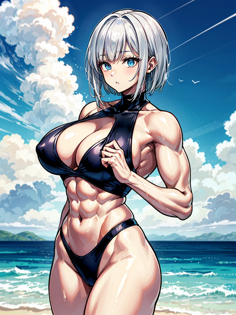 （（（masterpiece、Highest image quality、highest quality、highly detailed unity 8ｋwallpaper）））、（（Illustration of one girl））、（（（beautiful girl）））、（（white hair、short hair、crew cut：1.2、light blue eyes））、（（（stocky build, thickset physique, muscular legs, broad shoulders, solid chest：1.3）））、swimsuit、sandy beach