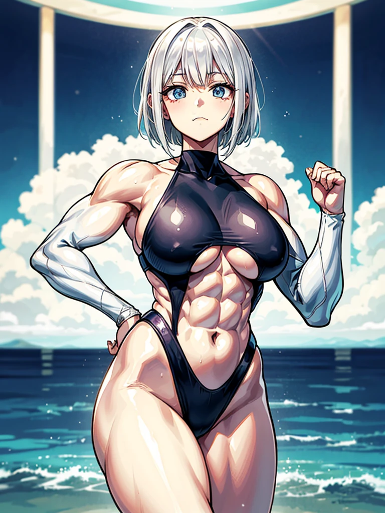 （（（masterpiece、Highest image quality、highest quality、highly detailed unity 8ｋwallpaper）））、（（Illustration of one girl））、（（（beautiful girl）））、（（white hair、short hair、crew cut：1.2、light blue eyes））、（（（stocky build, thickset physique, muscular legs, broad shoulders, solid chest：1.3）））、swimsuit、sandy beach