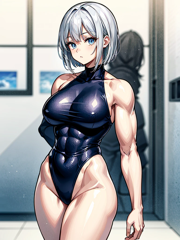 （（（masterpiece、Highest image quality、highest quality、highly detailed unity 8ｋwallpaper）））、（（Illustration of one girl））、（（（beautiful girl）））、（（white hair、short hair、crew cut：1.2、light blue eyes））、（（（stocky build, thickset physique, muscular legs, broad shoulders, solid chest：1.3）））、swimsuit、sandy beach