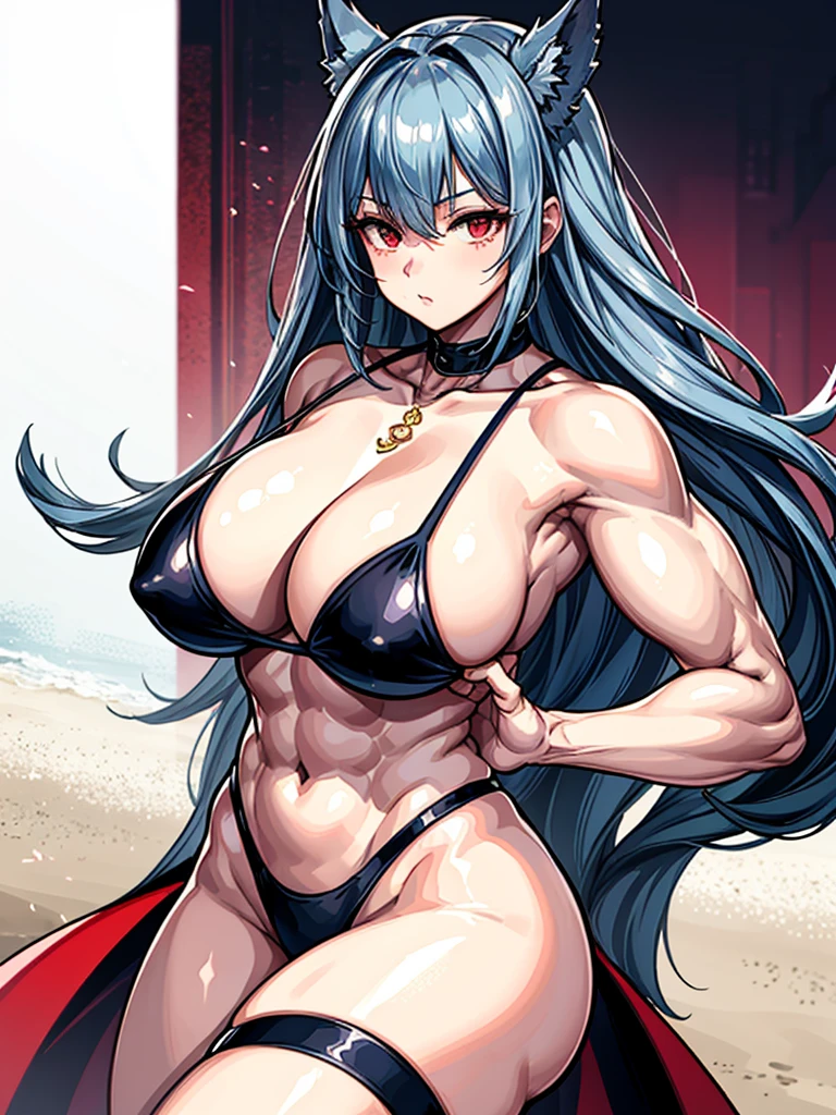 (((masterpiece、Highest image quality、highest quality、highly detailed unity 8kwallpaper)))、((Illustration of one girl))、(((beautiful girl)))、((black hair:1.3、straight hair、Very Longhair、golden hair ornament、red eyes))、(tall:1.3、stocky build:1.3, thickset physique, muscular legs, broad shoulders, solid chest)、swimsuit、sandy beach