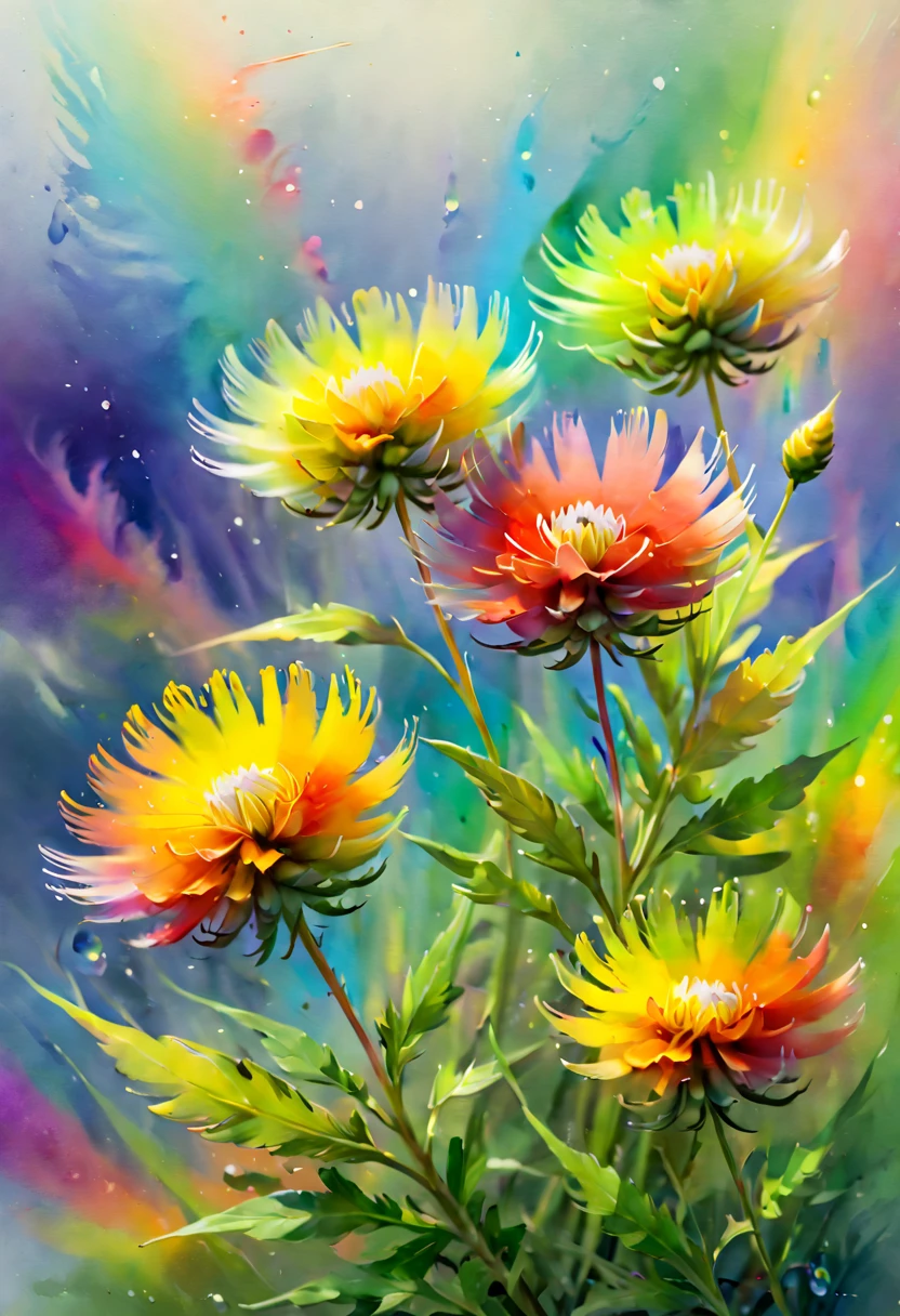 watercolor painting, Featherweed flowers of rainbow color, (inspired by Zootopia), dreamy feeling, Dynamic angles and elegant atmosphere, intricate, (best quality, masterpiece, Representative work, official art, Professional, 8k:1.3)