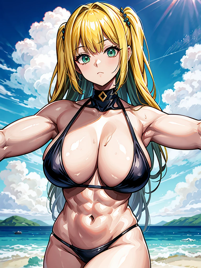 (((masterpiece、Highest image quality、highest quality、highly detailed unity 8kwallpaper)))、((Illustration of one girl))、(((beautiful girl)))、((blonde、pixie cut:1.2、two side up、sidelocks、green eyes))、(((tall、stocky build, thickset physique:1.3, muscular legs, broad shoulders, solid chest)))、swimsuit、sandy beach