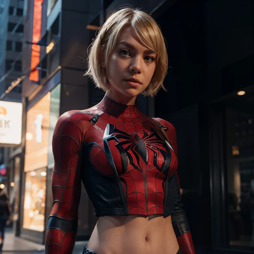 Spiderman Gwen stacy, 8k, cropped, full view, short outfit, belly
