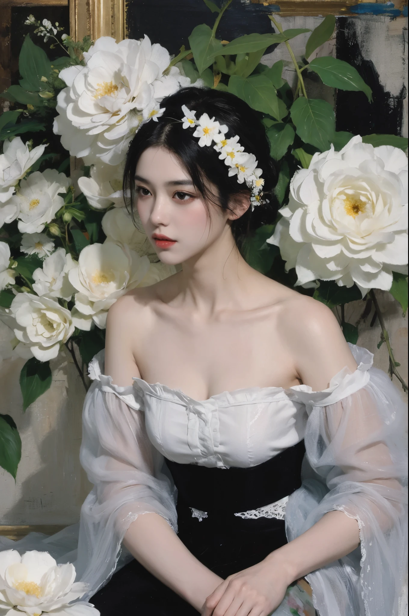 (painting:1.5), \\ One with black hair、Woman with white flowers in her hair lies in a field of white flowers, (Amy Saul:0.248), (Liu Stanley:0.106), (a detailed painting:0.353), (gothic art:0.106)