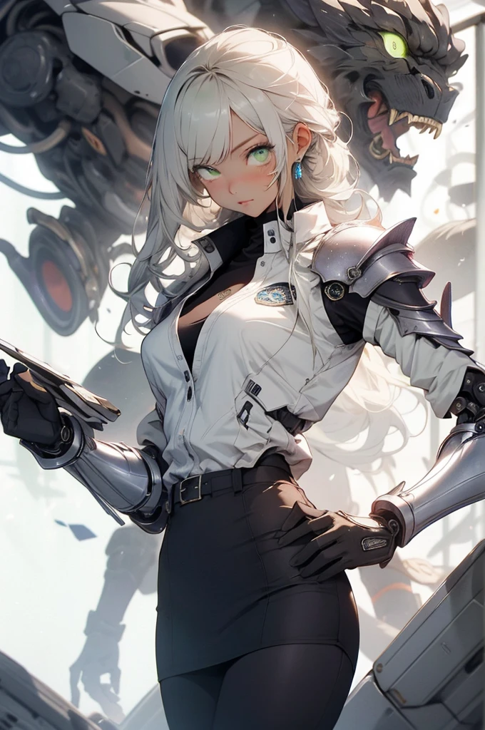 be realistic,(masterpiece,highest quality,highest quality,very detailed,fractal art,most detailed,(abstract background:1.5)(1 girl),Kamimei,(hair length),(green eyes shine、larger breasts,stunned),crystallization,sexy,Mechanical Armor,tanned skin、break、(office wear blazer、white cutter shirt、black pencil skirt、pumps)