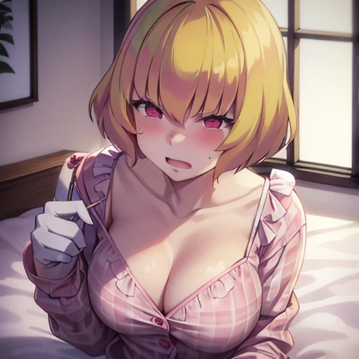 woman around twenty years old, with short blonde hair and delicate features, giving her a cat-like appearance. In bed , pink with red hearts pajama,blushing 