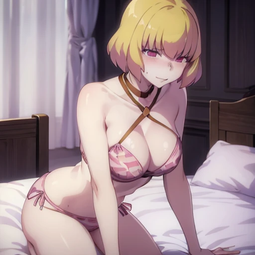 woman around twenty years old, with short blonde hair and delicate features, giving her a cat-like appearance. In bed , pink with red hearts pajama,blushing 