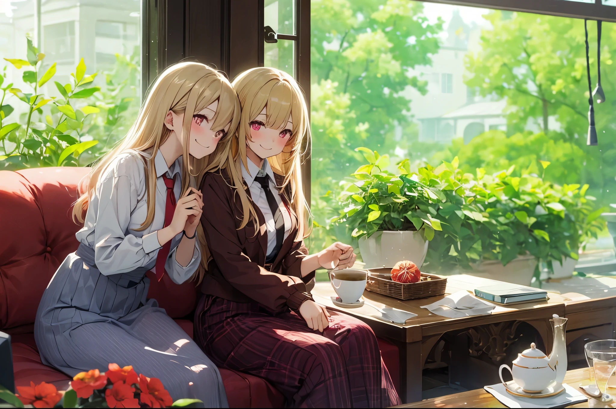 witch girls sitting on a sofa drinking tea talking to one another and smiling, 2 girls, multiple girls,purple dress, smile, red eyes, sitting,red dress,tie, blonde hair,cup, looking at the viewer, blonde long hair,gold eyes,shirt, skirt, window, basket,flower, blush,shirt,
information