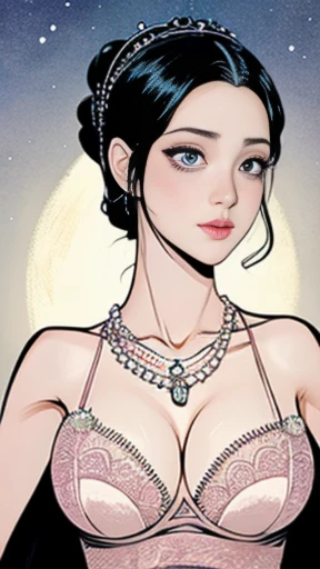 Beautiful and noble woman, Slender beauty, 24-years-old, Symmetrical eyes, (((Wearing a sheer grey and silver Greek dress,))), (((Black straight hair, Small breasts, Tight waist, Beautiful legs))), ((Spread your legs wide:1.4)), (((Against the Moon))), Very detailed