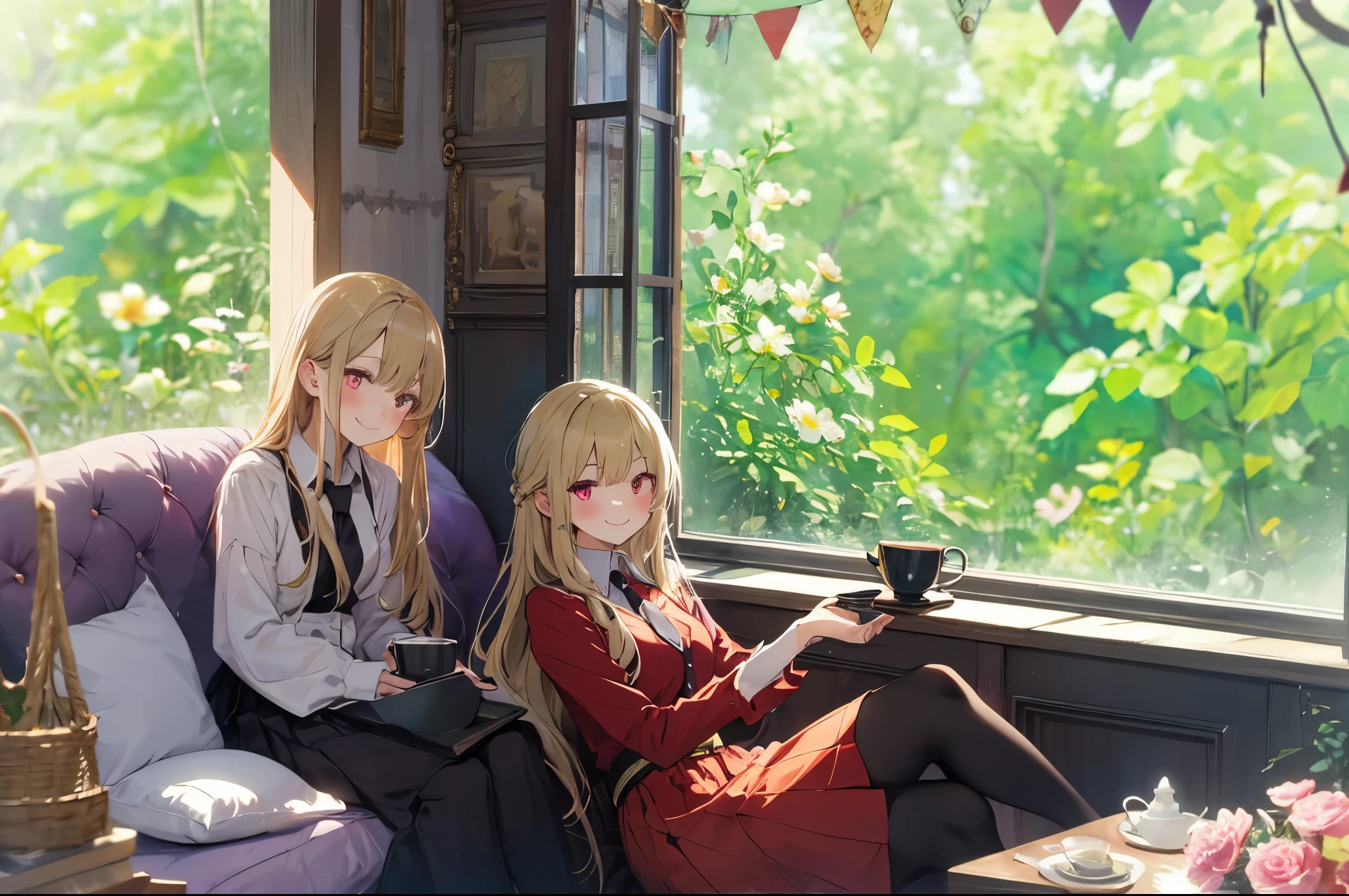 witch girls sitting on a sofa drinking tea talking to one another and smiling, 2 girls, multiple girls,purple dress, smile, red eyes, sitting,red dress,tie, blonde hair,cup, looking at the viewer, blonde long hair,gold eyes,shirt, skirt, window, basket,flower, blush,shirt,
information