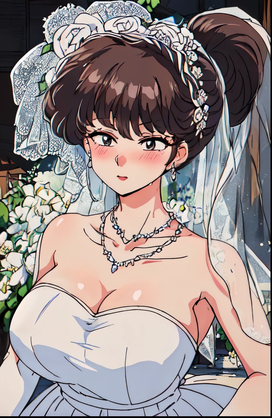 Kodachi_kunou，black hair，ponytail，masterpiece, best quality, Detailed face, delicate eyes,  Close-up of beautiful bride wearing beautiful wedding dress,Gurwitz,(bridal veil:1.5），（Transparent short veil：1.5），Blushing face，Head flower，headgear，（tube top wedding dress：1.5），（Silk dress：1.2）,（Strapless wedding dress：1.5）,pure white dress，necklace，earrings，(large breasts:1.3)，Deep V peach heart collar wedding dress，Bangs，lipstick，（lace gloves：1.3）,whole body照,High detail RAW color art,Long white dress，whole body，Place your hands behind your back，