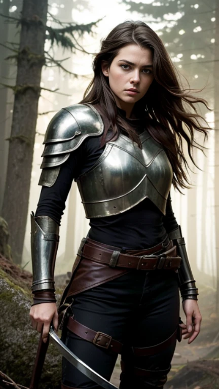 A realistic photographic of a lady, wearing worn out armor after a battle, flowy hair,leather belt, standing on a big rock, holding sword with blood, blood over his face, battleground theme, forest on fire in background, Blur background, cinematic lighting, medium shot, dark, masterpiece 