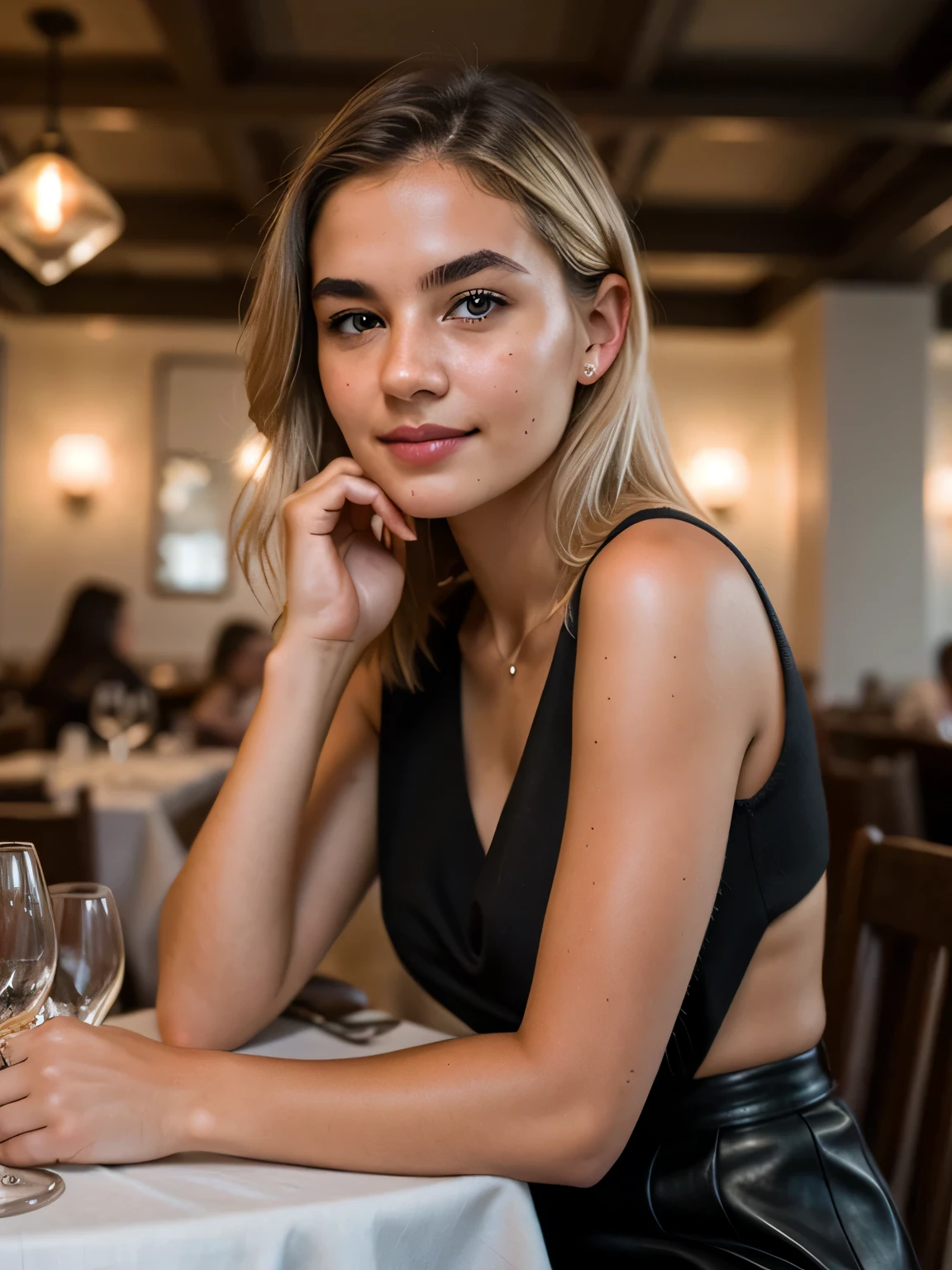 photography of a 20yo woman,light blond hair, perfect face, masterpiece,instaphoto,latina, a mole on my right cheek, photorealisic,8k, a gentle smile,black skirt,romantic dinner in a restaurant,pensive
