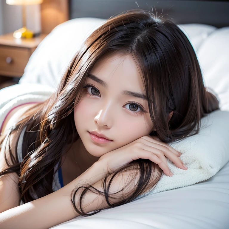 (8K, 生photograph, It&#39;s photorealistic:1.25) ,( lip gloss, false eyelashes, gloss-face, shiny skin, best quality, ultra high resolution, Depth of bounds written, chromatic aberration, caustics, wide lighting, natural shading,Cute woman wrapped in a fluffy blanket、((14 years old))、Japanese、sitting、1 girl、Japanese narrow studio apartment、with both hands、viewer looking down、photograph、３５ｍｍfilm、Sleepy face、long hair、wavy hair、messy hair、Sleeping、no makeup、plump lips、detailed fingers、Shooting from ankle to top of head、rich breasts