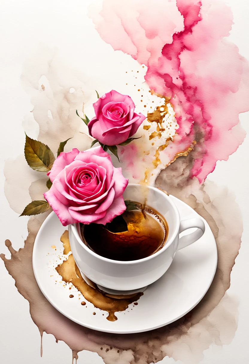 isolated on white background( Coffee slightly smoking in a white ceramic cup with a bouquet of bright pink roses lying flat from above watercolor flower painting)watercolor flower painting、watercolor painting、Splash technology recreates the mud atmosphere in wet environments、unique ingredients、Abstract representation、Contains surreal elements、light tone.Light and gold color scheme、High resolution details、Ink splash effect、pale color。
