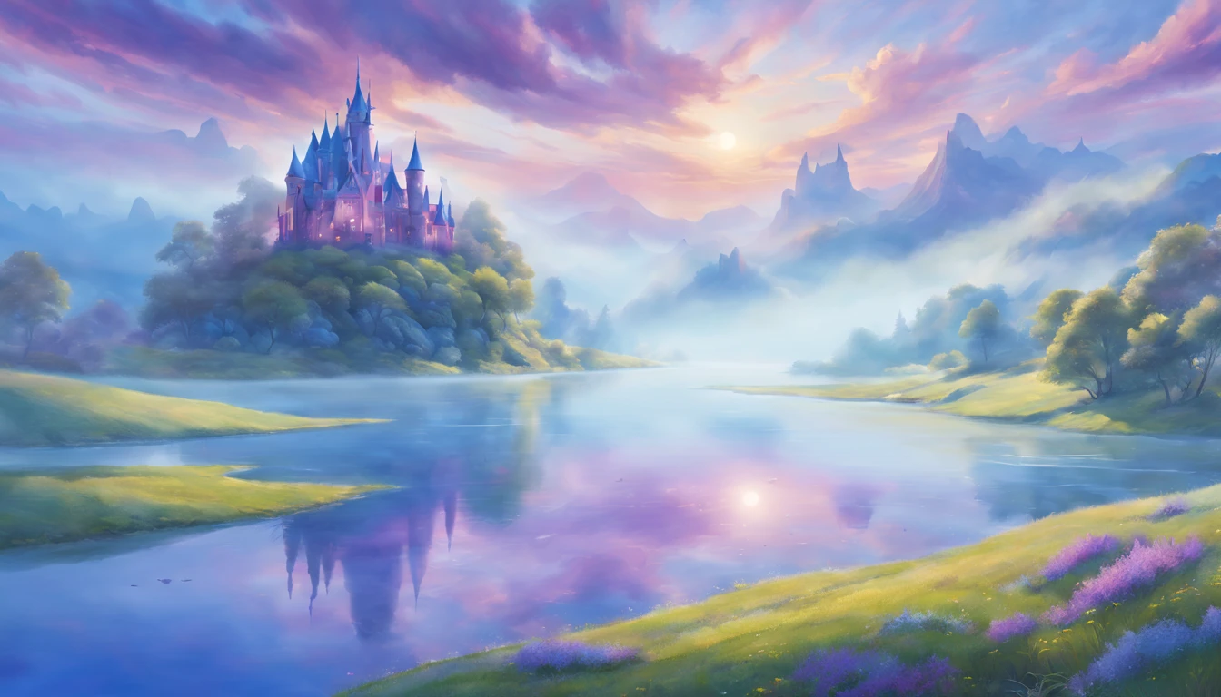 (best quality,4k,8k,highres,masterpiece:1.2),ultra-detailed,(realistic,photorealistic,photo-realistic:1.37),dreamy,ethereal landscape,seamlessly blending dreams and reality,floating islands,wispy clouds,sunlit meadows,hazy morning mist,surreal color palette,vibrant colors,soft pastel tones,painterly brushstrokes,transcendent atmosphere,mind-bending perspective,majestic mountainscapes,serene lakes reflecting the sky,dream-like castles,whimsical creatures inhabiting the scenery,playful beams of sunlight piercing through the clouds,mystical fog enveloping the landscape,melting horizons reflecting the merging of dreams and reality,enchanted forests filled with magic,peaceful and calm ambience,serenity and tranquility,subtle and gentle shades of blue and purple,ethereal lighting,creating an otherworldly feeling,sublime and majestic scenery,warm and inviting atmosphere,infused with a sense of wonder and enchantment,bringing dreams to life on canvas.