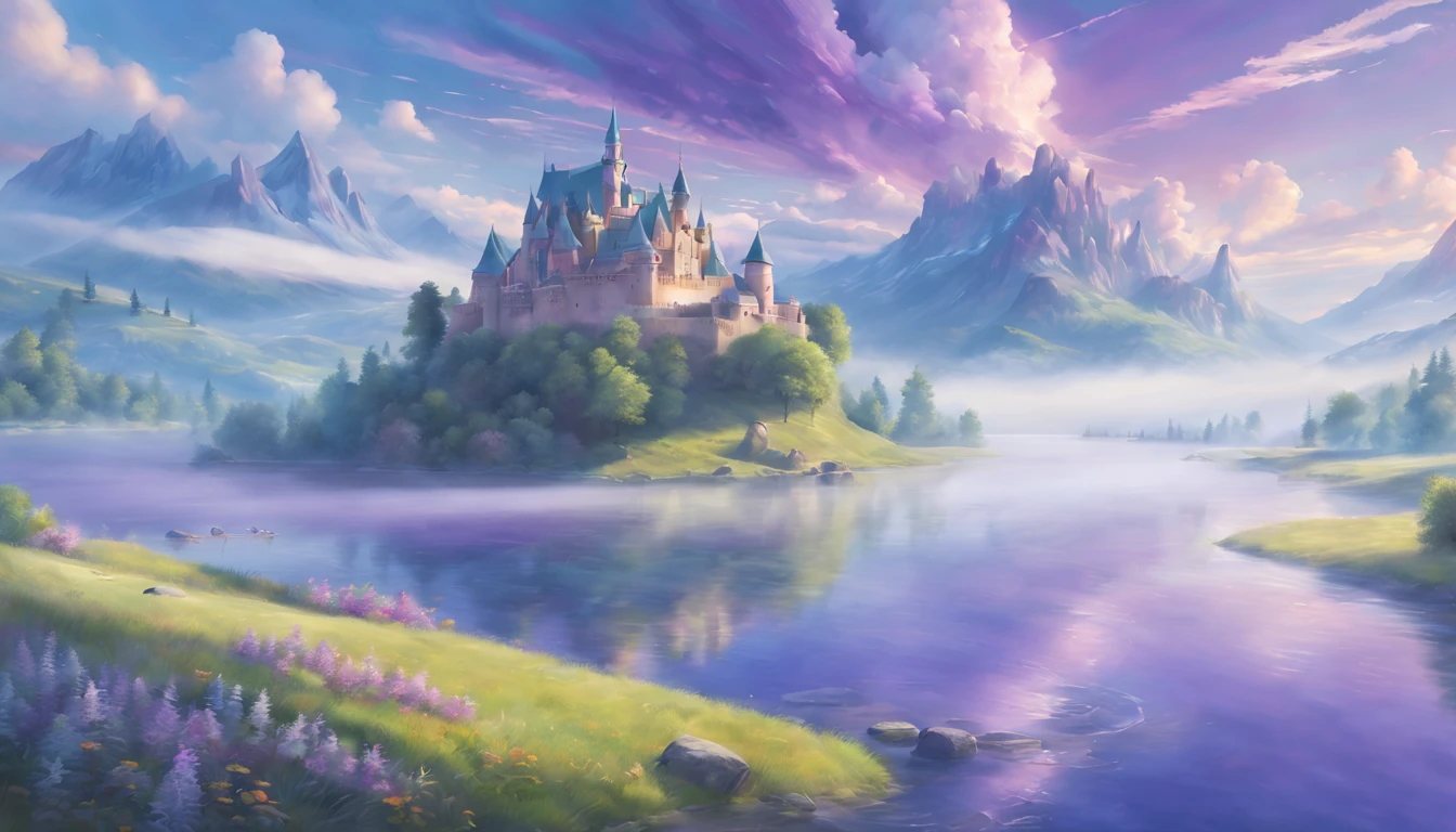 (best quality,4k,8k,highres,masterpiece:1.2),ultra-detailed,(realistic,photorealistic,photo-realistic:1.37),dreamy,ethereal landscape,seamlessly blending dreams and reality,floating islands,wispy clouds,sunlit meadows,hazy morning mist,surreal color palette,vibrant colors,soft pastel tones,painterly brushstrokes,transcendent atmosphere,mind-bending perspective,majestic mountainscapes,serene lakes reflecting the sky,dream-like castles,whimsical creatures inhabiting the scenery,playful beams of sunlight piercing through the clouds,mystical fog enveloping the landscape,melting horizons reflecting the merging of dreams and reality,enchanted forests filled with magic,peaceful and calm ambience,serenity and tranquility,subtle and gentle shades of blue and purple,ethereal lighting,creating an otherworldly feeling,sublime and majestic scenery,warm and inviting atmosphere,infused with a sense of wonder and enchantment,bringing dreams to life on canvas.